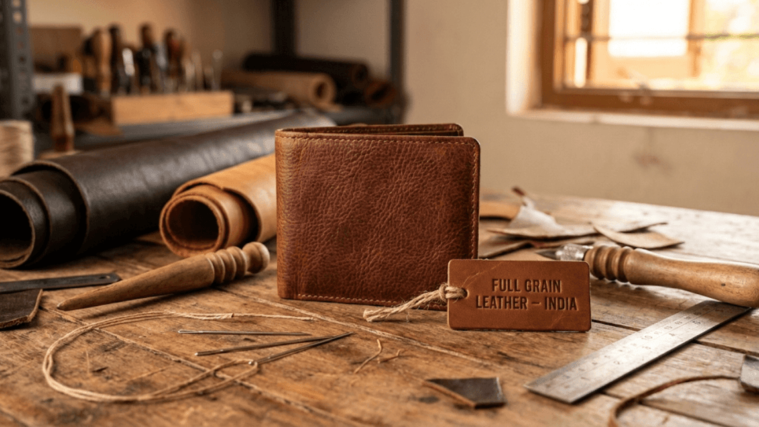 Premium leather wallet craftsmanship showing full grain leather wallet on artisan workbench in India